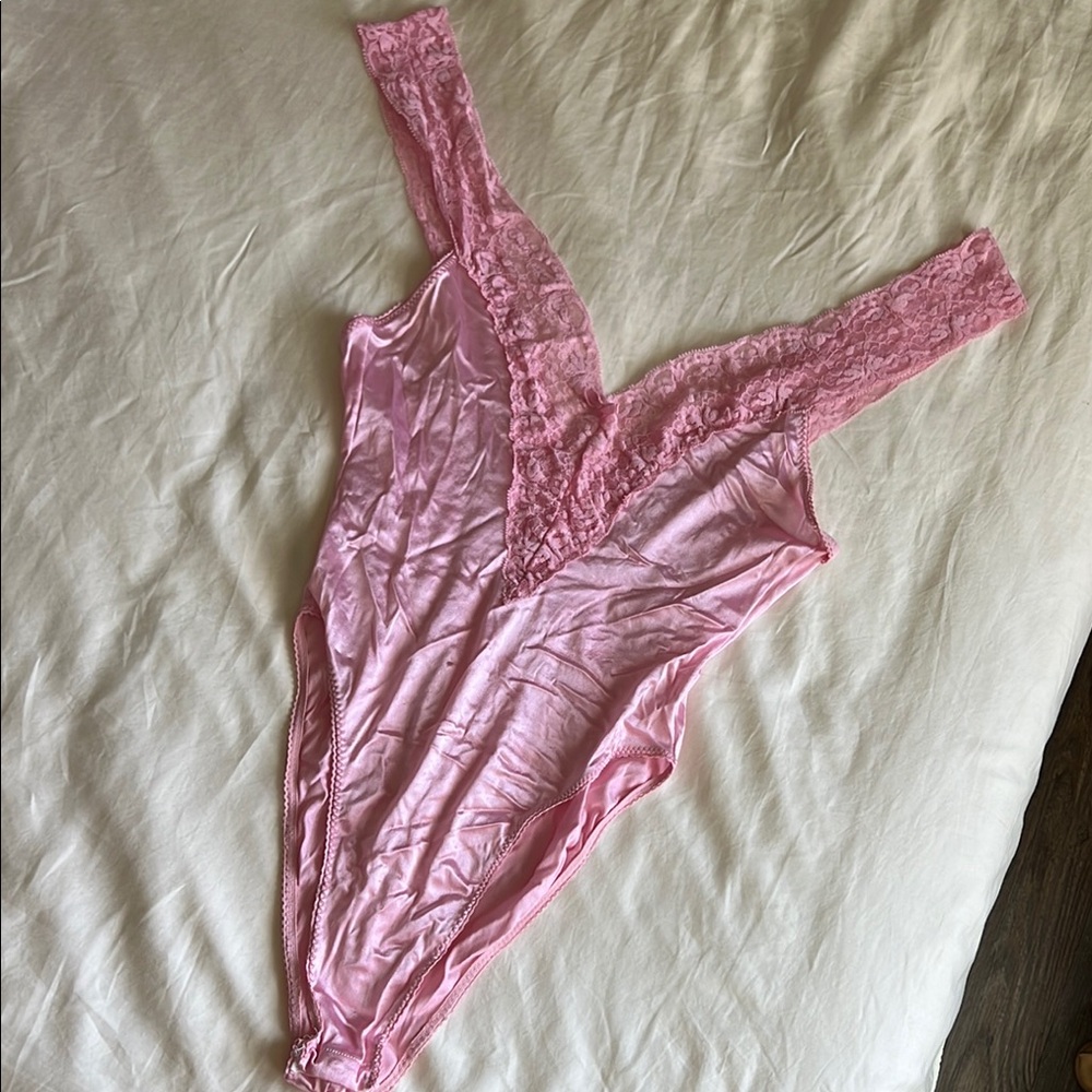 Vintage Pink Satin and Lace Highwaisted Bodysuit with Little Bow